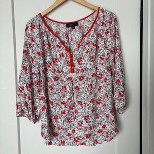 Jones New York Floral Blouse | White Orange | Gold Button V-Neck | L | Coastal C
